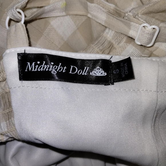 Midnight Doll Mini Sundress Tan White Size Small Gingham Checkered - Picture 4 of 6